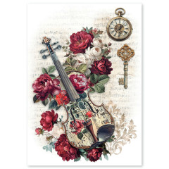 Reispapier-Bogen mit Vogelkäfig, Rosen und alten Briefen in Burgund im Design Bohemian Burgundy