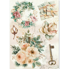 Reispapier-Bogen mit Blumenkranz, verzierten Briefen und goldenem Schlüssel im Design Golden Winter