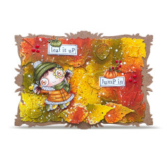 Karte im Blütenrahmen mit Mädchen mit Mütze, Herbstlaub und Etiketten leaf it up, jump in