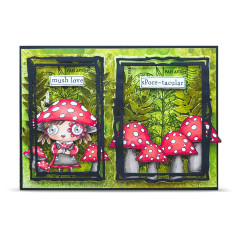 Grüne Karte mit zwei schwarzen Royal Frames, Pilzmädchen, Fliegenpilzen und Etiketten mush love, spore-tacular