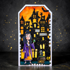 Handgemachte Halloween-Grußkarte mit Hexen-Charakter, schwarzem Schloss, oranger Mond und Stempeldesign von Janet Klein