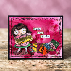 Handgemachte Karte mit Stempelmotiv und Text I came I saw I stitched in Rosa