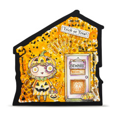 Anwendungsbeispiel: Stempelabdrücke auf Halloween-Hausschachtel mit bunten Motiven und Trick-or-Treat-Beschriftung