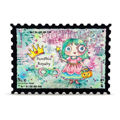 Bemalte Grußkarte mit Pumpkin Princess Stempel, Charakter mit grünem Haar und rosa Kleid, postage stamp Design auf Vintage-Hintergrund