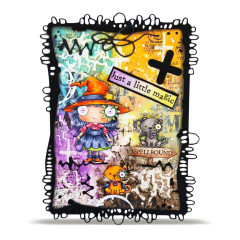 Mixed-Media Kunstwerk mit Hexen-Charakter, verzauberten Katzen und buntem Hintergrund basierend auf Spellbound-Stempeln