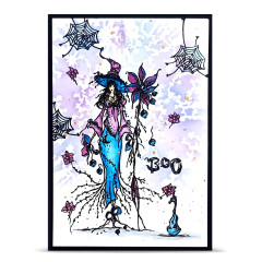 Clear Stamp Abdrücke zeigen einzelne Stempel in Blau- und Violetttönen: Hexe mit Wurzeln, Spinnennetze, kleine Blüten, BOO-Text