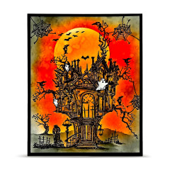 Gestempelte und bemalte Haunted House Szene mit orange Mond, Fledermäusen, Spinnennetzen und leuchtenden Fenstern auf Herbst-Hintergrund