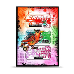 Karte mit drei bunt gestempelten Tickets, Vogel und Etiketten Determination, Infinity und Challenge