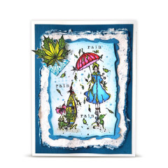Blaue Karte mit Dame mit Regenschirm, Laterne, Ahornblatt und Schriftzug rain