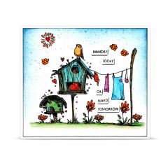 Weiße Karte mit Vogelhaus, Rotkehlchen, Wäscheleine, Mohnblumen und Laundry today or naked tomorrow