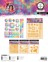 Mit der Schablone erzeugtes buntes Ornament-Motiv neben der Schablone selbst und den drei weiteren Art-by-Marlene-Masken.