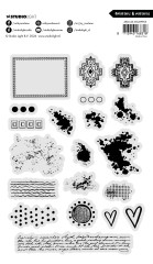Übersichtliche Darstellung aller 20 Clear Stamps von Art By Marlene in Schwarz auf weißem Hintergrund mit Stempel-Designs