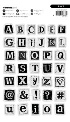 Schwarz-weiße Übersicht aller 37 Klarsichtstempel: Buchstaben A-Z, Zahlen, Herz, @-Zeichen, &, !, ?, # Symbole