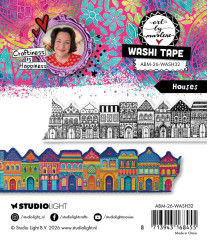 Detailansicht der schwarz-weißen und bunten Häuserfassaden-Motive auf dem Washi Tape mit Verpackungsangaben.