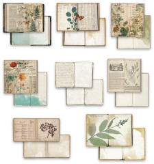 Ansicht aller 16 doppelseitigen Ephemera-Bögen mit botanischen Motiven und alten Buchseiten