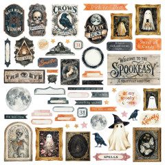 Stanzbogen mit Giftflaschen-Etiketten, Mond, Hexenhut, Geistern und Schild Welcome to the Spookeasy