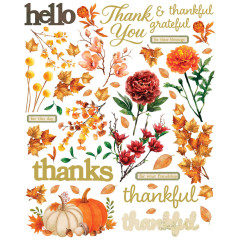 Laser-Cut-Bogen mit Herbstlaub, Rosen, Kürbissen und Goldfolien-Schriftzügen hello, thanks, thankful