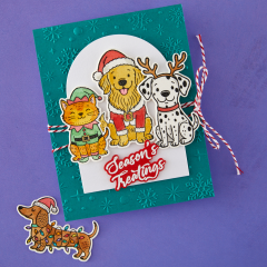 Türkisfarbene, schneeflocken-geprägte Karte mit koloriertem Golden Retriever im Weihnachtsmann-Kostüm, Dalmatiner mit Geweih, Elfen-Katze und rot-weißer Kordel, Banner 'Season's Treatings'.