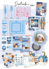 Katalogdoppelseite mit Frosty-Winter-Produkten: Stanzformen, Papier, Sticker und weihnachtlichen Bastelkarten