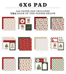 Übersicht aller 12 Motive des Have A Beary Christmas Paper Pads mit Bären, Schneeflocken, Punkten, Streifen und Weihnachtsmotiven in Rot, Grün und Weiß