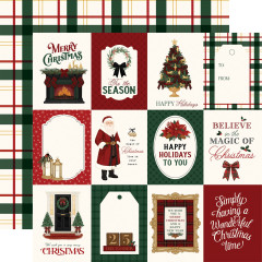 Designpapiere mit Karo-, Poinsettien- und Grußtext-Mustern in Rot-Grün-Weiß-Farbpalette mit eleganten Rahmen und weihnachtlichen Grußsprüchen