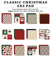Classic Christmas 6x6 Paper Pad Motivübersicht mit 12 verschiedenen Designs: Poinsettien, Kariertmuster, Weihnachtsmänner, Strümpfe, Tannenbäume, Weihnachtssterne und Textmotive