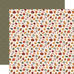 Musterpapier mit bunten Herbstblättern - Ahorn, Eiche und Birke - auf cremefarbenem Grund, Rückseite in olivgrünem Ranken-Muster.