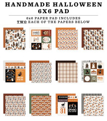 Übersichtsgrafik der 12 im Paper Pad enthaltenen Designs, darunter Spukhäuser, Kürbismuster, Karo und Skelette.
