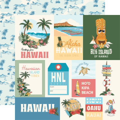 Hawaii Designpapiere mit Inselkarten, Aloha-Schriftzügen, Palmenmotiven, Surfboards und Tropical-Elementen in Blau, Beige und Grün