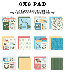 Übersicht aller 12 Designs des Hawaii Paper Pads von Carta Bella, doppelseitig bedruckt mit tropischen Motiven, Aloha-Schriftzügen und Inselszenen in verschiedenen Farbvarianten