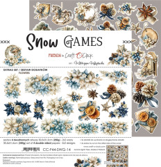 Vollständige Übersicht des Snow Games Extras Set Flowers mit Papierbögen und Ausschneidemotiven