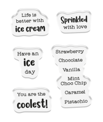 Die 6 Sprüchestempel des Eiswagen-Sets, u.a. "Sprinkled with love" und "You are the coolest!", freigestellt.