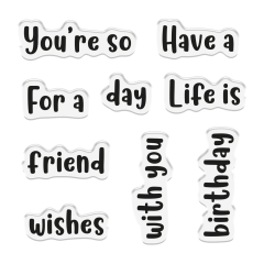 Rasteransicht der Wortstempel des You're So Sweet Sets mit Texten wie Have a, Life is und Birthday