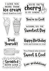Alle 12 Photopolymerstempel des Sweetest-Day-Sets freigestellt: Eistüte, Milchshake, Eis am Stiel und Sprüche wie "Treat Yourself!".