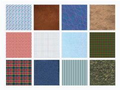 Rasteransicht aller zwölf Stoffmuster des Fabric Textures Papierblocks von Camouflage bis Leder-Optik