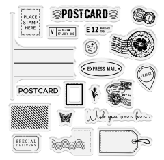 Alle Stempelmotive des Sets: "POSTCARD"-Schriftzug, Poststempel, "Express Mail", Schmetterling und Adresszeilen.