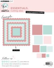 Rückseite der Verpackung mit Beispiel: gestufte Quadrate in Rosa und Mint, Maßangabe 145 x 145 mm
