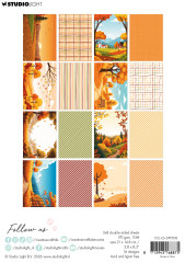 Rückseite des Paper Pads mit 16 Herbstdesigns: Landschaften, Karos, Streifen in Orange und Grün