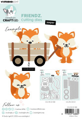 Beispielkarten mit gestanztem orangefarbenem Fuchs und Holzkarren, Rückseite der Verpackung Friendz Jasper