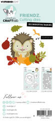 Verpackungsrückseite mit gestanztem Igel und bunten Herbstblättern als Anwendungsbeispiel der Friendz Dies