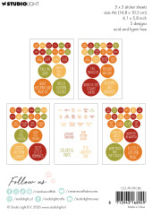 Rückseite mit fünf Stickerbögen A6, runde Aufkleber mit Herbst-Schriftzügen in Rot, Orange, Gelb und Grün