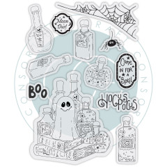 Transparente Clear Stamps mit Umriss-Motiven von Zaubertrank-Fläschchen, Spinnennetz und Gespenst