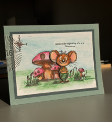 Beispielkarte mit gestempelter und handkolorierter Maus, Pilzen und Text 'today is the beginning of a new adventure'