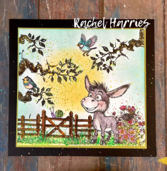 Ausgestaltete Grußkarte mit Clear Stamps: bunter Esel an Zaun mit Vögeln, Blumen und Aquarelleffekten