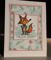 Handgestempelte Grußkarte mit orangem Fuchs, rosa Rahmen und bunten Blüten aus dem Feelin' Foxy Stempelset