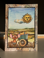Beispielkarte mit Stempeln The Travelers: Maus vor Heißluftballon, Sonne und Landschaft, aquarelliert und koloriert