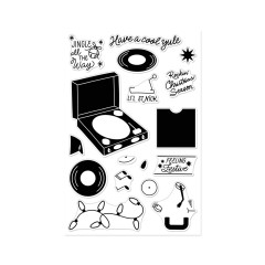 Nahaufnahme des Stempelbogens mit Koffer-Plattenspieler, Schallplatten, Lichterkette und dem Spruch 'Rockin' Christmas Season'.