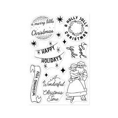 Nahaufnahme des Stempelbogens mit Sternen, Bannern und dem tanzenden Weihnachtsmann-Paar im Retro-Stil.