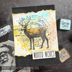 Karte mit Hirsch vor Kreisgrafik, Distress-Farben und Text Winter wishes