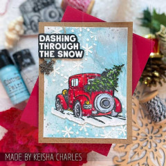 Karte mit rotem Oldtimer mit Tannenbaum im Schnee und Text Dashing through the snow